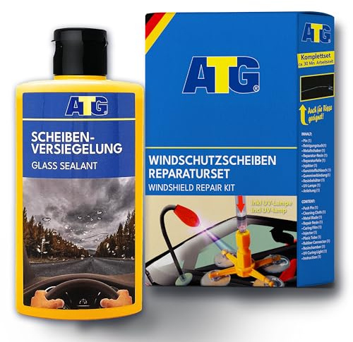 ATG vindrutereparationsset med UV-lampa + skivtätning 250 ml – gör-det-själv reparation vid stenskott och regn-pärleeffekt – tydlig synlighet och skydd för vindrutor