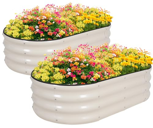 Zettfuly Galvanisiertes Hochbeet Kit - 120 x 60 x 30cm Outdoor Metall Pflanzkasten mit Sicherheitsrand und Handschuhe für Gemüse, Obst, Blumen, Kräuter (Weiß, 2PCS)