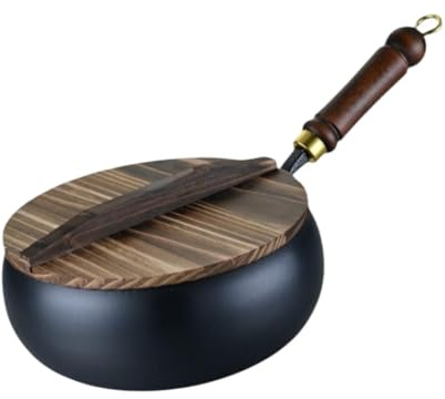 FytStycale Wok Cinese con Coperchio in Legno, Base Piatta per Cucina, 24 Cm