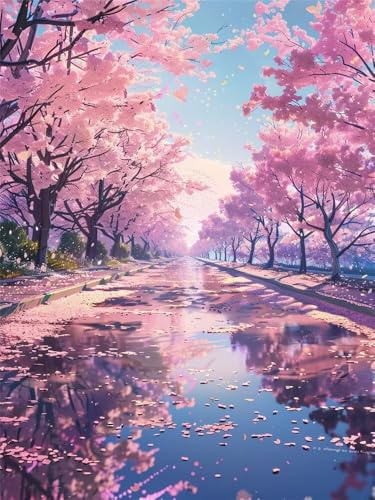 Diamond Painting Cerezo en Flor 5d DIY Pintura de Diamante para Adultos, Dibujos con Diamantes Carreteras Manualidades Cuadros de Diamantes Punto de Cruz para Decoración Hogar 60x90 cm -RD909