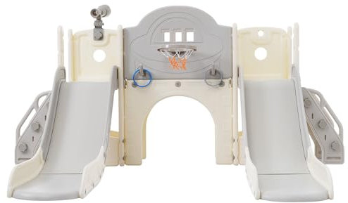 Scivolo per bambini, 8 in 1, con 2 scivoli, scivolo indipendente, arrampicata, gioco di perforazione, spazio di archiviazione, corridoio di gioco, canestro, gioco lazo, telescopio, scivolo da giardino