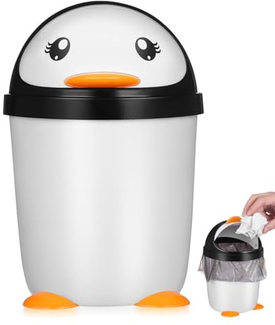 Homoyoyo Poubelle De Bureau Mini À Couvercle Pivotant Pingouin Mignon Corbeille En Plastique Pour Enfants Chambre À Coucher Cuisine Voiture Et Bureau 8.27 X 5.51 X 5.51 in 1 Pièce