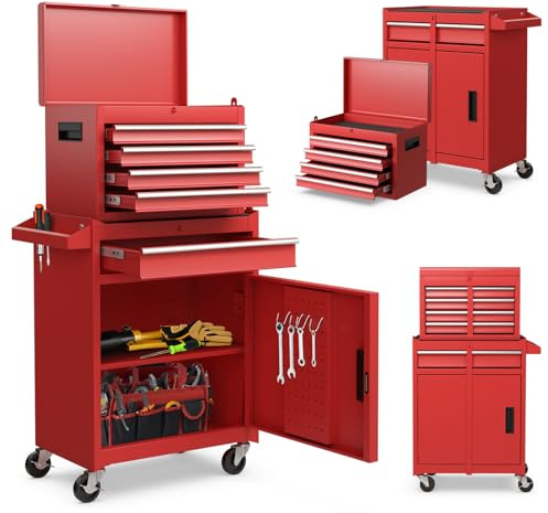 SOARS Werkstattwagen, Werkstattwagen mit 5 Fächern, 2 Regalen, abnehmbarer Werkzeugkasten & Werkzeugschrank, abschließbar, 59 x 28 x 102 cm, für Garage, Werkstatt, Haus (rot)