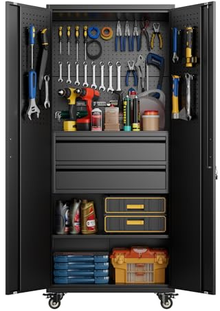 Aobabo Metal Storage Cabinet with Wheels with 5 Pegboards and 2 Drawers,180 * 76 * 38CM Lockable Steel Tool Cabinet for Garage,Warehouse,Assembly Required,Black