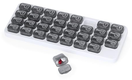 NK Pastillero Mensual 31 días – 31 Compartimentos Individuales, Caja de Pastillas con Diseño Numerado Extraíble, Polipropileno Higiénico, Organización por Días, Incluye Bolsa de Transporte