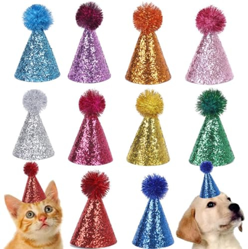 GWAWG 10 Pcs Pack Cone Party Hat with Adjustable Headband Glitter Mini Party Hats Children Birthday Supplies Decorations Reusable Happy Birthday Hats for Kids Adults