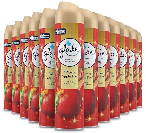 Glade Aerosol Air Freshener, Aerosol Room Spray and Odour Eliminator for Home Infused with Essential Oils, Limited Edition Christmas Air Freshener, Warm Apple Pie, Pack of 12 (12x300ml)
