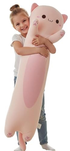 Aiuidun Peluche-Coussin Chat Long 60cm Oreiller Corporel Ultra Doux - Jouet Câlin Kawaii pour Enfant, Adulte, Cadeau Amoureux des Chats, Femme, Fille, Anniversaire(Grands Yeux Rose)