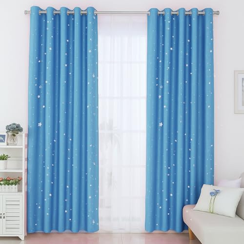 Freyamy Kinderzimmer Vorhang 2x100x200cm(HxB) Stern,Hellblau Modern Kinder Sterne Blickdichte Gardinen Jungen Mädchen Kinder für Mädchenzimmer Vorhang Mit Ösen