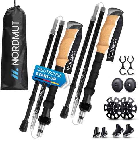 NORDMUT® Wanderstöcke faltbar aus ultraleichten Carbon ab 1,50m - stabile Faltbare Wanderstöcke Carbon mit ergonomischen Griffen - Robuste Trekkingstöcke mit kompakten Packmaß inkl. Gummipuffer Set