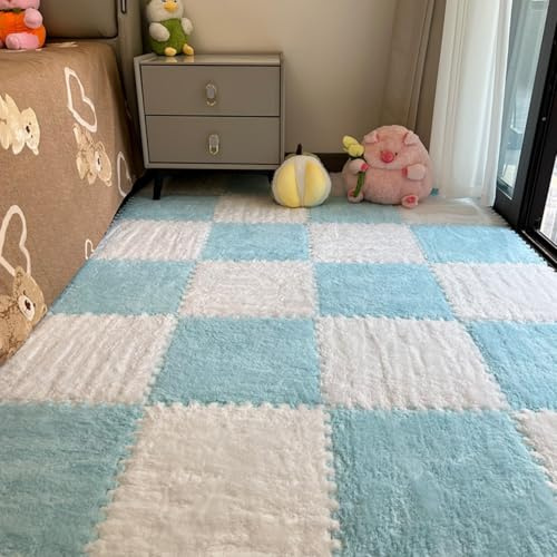 Hiseng 12 Piezas Alfombrilla de Espuma con Felpa, Alfombrillas Entrelazadas Alfombra Rompecabezas Felpa Suave con Antideslizantes Borde para Suelo de Habitación (Blanco Azul,30x30cm)