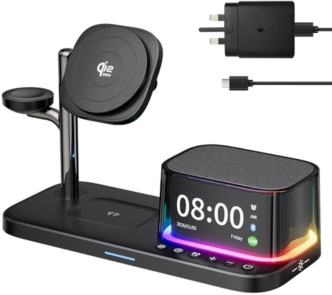 45W for Apple MagSafe Charger Stand 5 in 1, Qi2.2 25W Magnetic Wireless Charger Fast Charging Station, Alarm Clock Speaker Night Light, Charging Dock for iPhone 17 16, 5W Apple Watch 11 Ultra
