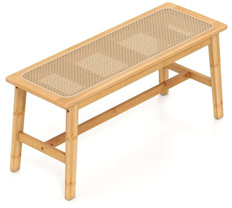 GIANTEX Banco de Entrada de Bambú, Taburete de Pie de Cama con Asiento Transpirable de Ratán, Estilo Rústico, 100 x 35 x 45 cm, Carga hasta 300 kg, para Comedor, Dormitorio, Recibidor