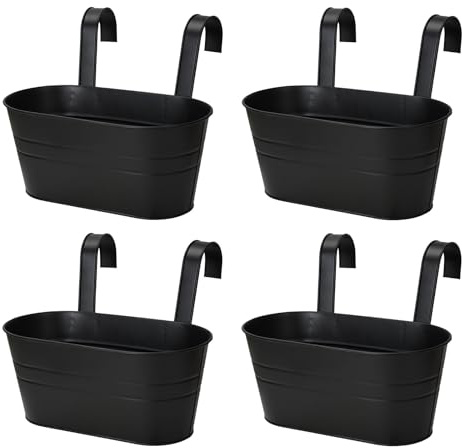 Atoke 4 Pack Metal Hanging Flower Pots for Railing Fence,27.5cm Large Plant Pot Hanging Bucket Pots flower Plant Holder with Detachable Hooks for Balcony Porch Garden Home Decors,Black