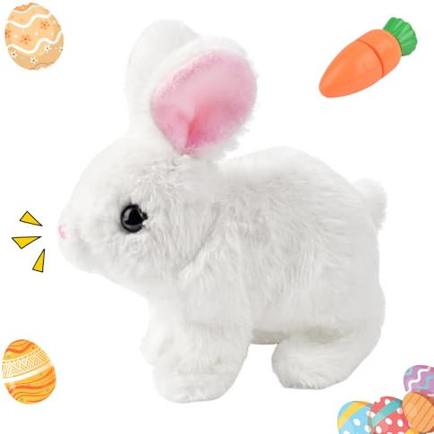 Easter Bunny Toy, Easter Soft Toys Gifts for Kids, Interactive Easters Rabbit Toys with Carrot, Easters Plush Gifts Decor, Cute Bunny Toy with Sounds and Movements for Eastered Birthday Gifts (White)