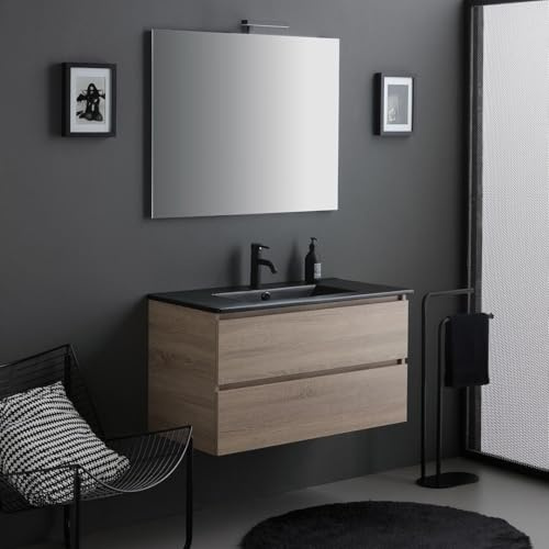 Kiamami Valentina Mueble baño suspendido 90 cm Roble 2 cajones Lavabo Negro | Espejo 90x70 cm con lámpara LED, lavabo de cerámica negro mate, cierre suave, diseño moderno