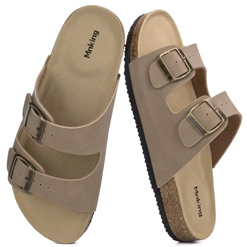 Mnking Sandalias Mules Mujer Hombre Verano Plana Hebilla Punta Abierta Sandalias de Pala Retro Cómodo Piel de Ante Pantuflas de Corcho Antideslizantes Zapatillas Planas Camel EU38