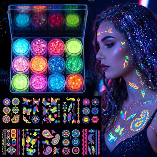 Festival Glitzer Gesicht, 12 Farben Fluoreszierendes Chunky Sequin | mit 12 Blätter Neon gesichtstattoo UV Body & Face Painting Festival Gesichtsglitzer für Karneval Halloween Schminke