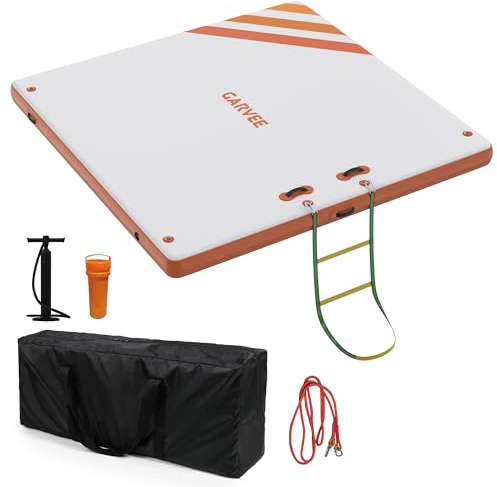 Plataforma inflable flotante de muelle de isla – 10 x 10 pies antideslizante degradado blanco y naranja rojo cubierta de aire, balsa de PVC duradera para lago, piscina, yoga, pesca – portátil con