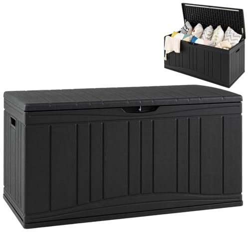 COSTWAY 300L/380L Garden Storage Box, Waterproof Resin Deck Box Bench with Lockable Lid & Side Handles, Wood Texture Outdoor Patio Storage Container for Cushion Tool Toy (Black,300L)