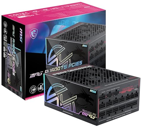 MSI MPG Ai1600TS PCIE5, Fully Modular Gaming 1600W Power Supply, 80+ Titanium, Dual 12V-2x6 Cables, GPU Safeguard+, SiC MOSFETs, Fan Safeguard, ATX 3.1 & PCIe 5.1 Ready, 12 Year Warranty