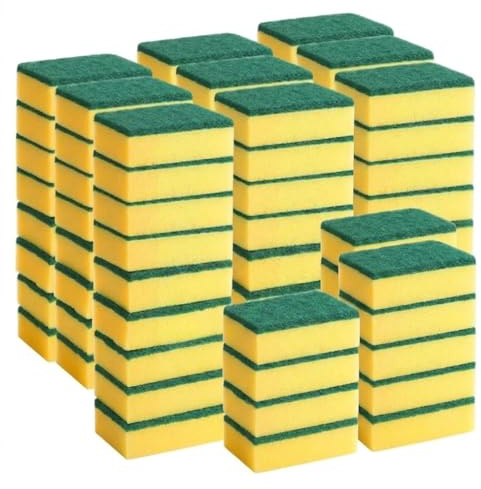 Sponge Cleaning Pads, Double-sided, Yellow/Green, Polyurethane Foam, for Pots, Pans, and Kitchen Surfaces, 10x9x3 cm, Pack of 50