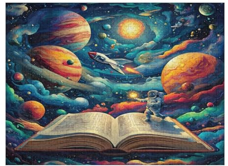 Illustrations Astronaut Planets 500 Piece Jigsaw Puzzle for All Ages Space Universe Easter Gift Idea Family Gathering Durable Pieces Stress Relief Home Decor 500 PCS