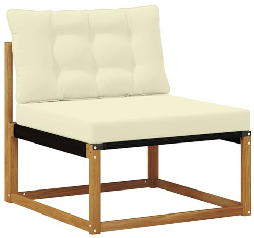 Owoxanthellate Outdoor Mittelsofa Akazienholz Massiv Textilene Natur Lounge Sessel Holz Terrassensofa Modularer Gartensessel mit Cremefarbenen Kissen für Balkon Garten Terrasse