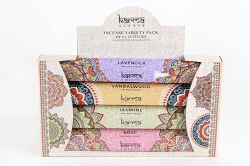 KARMA INCENSE VARIETY PACK 4 X 14 STICKS SCENTS ARE JASMINE-ROSE-SANDLAWOOD- LAVENDER