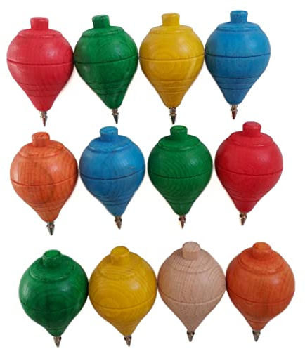 Lote de 4/12 Peonzas de Madera clásicas de Colores con Punta de bolígrafo - Juguete Niños y Niñas - Regalos y Detalles para Comuniones, Piñatas, Fiestas de Cumpleaños, Trompo, Spinner (12 Peonzas)