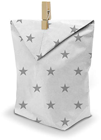 itenga 24x Geschenktüten Bodenbeutel aus Papier Bedruckt Muster Sterne Weiß Dunkelgrau inkl. 24 Klammern Gastgeschenk zum Füllen und Dekorieren