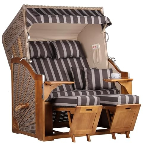 MR. DEKO® Strandkorb Schleswig Pinie Volllieger | Strandstuhl Liegestuhl Pinienholz | PE Geflecht Mokka | Dessin 554 inkl. 4 Kissen | Strandkörbe aus Pinie für Garten, Wintergarten und Terrasse
