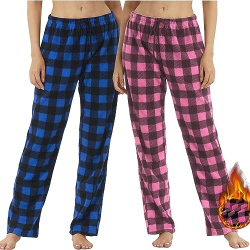 YUSHOW1-2er Pack Schlafanzughose Damen Lang Fleece Karierte Pyjamahose Winter Weich Nachtwäsche Pyjama Hose Soft Freizeithose Weihnachts Pyjama mit Kordelzug