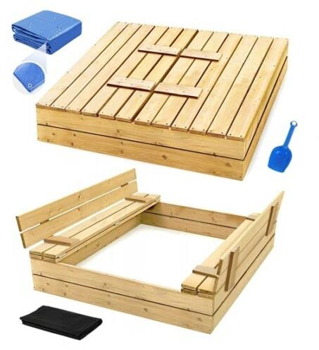 Sandkasten mit Deckel 120x120 aus Holz Sandbox Spielzeug Sandkiste mit Sitzbänken Spielzeug Garten