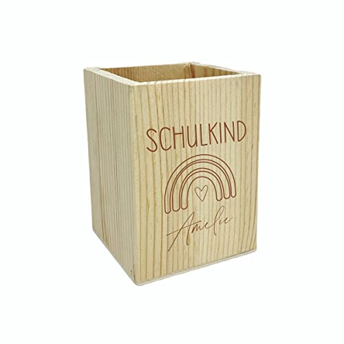 KT-Schmuckdesign Stiftehalter Holz Schulkind Regenbogen mit Wunschgravur