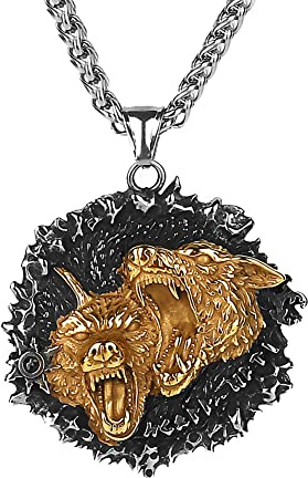 JHBTFQ Wikinger Herren Schmuck 316L Edelstahl Gold Anhänger Halskette 24 Zoll Kette mit Lederbeutel, Amulett Geschenk für Mich Selbst