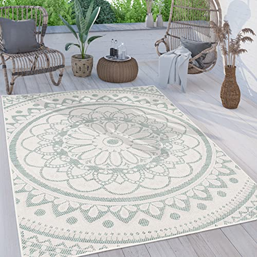 Paco Home Outdoor Teppich wetterfest & robust modernes Mandala & Boho Design pflegeleicht & flachgewebt für Balkon, Terrasse, Garten, Wohnzimmer & Küche Ethno Mandala, Grösse:120x160 cm, Farbe:Türkis
