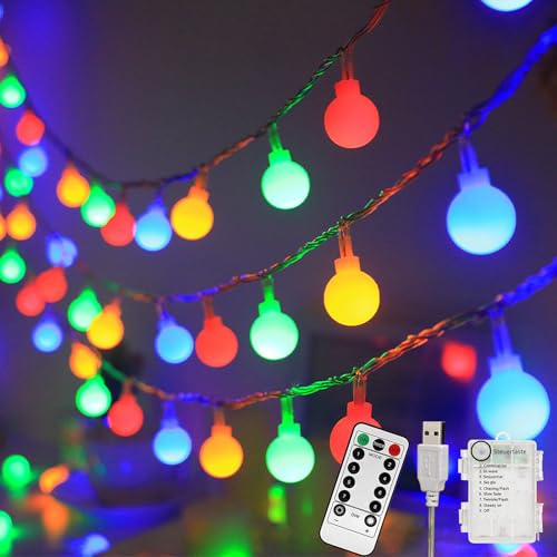 12M 100LED Flerfärgad Ljusslinga Utomhus & Inomhus, USB eller Batteridriven med Timer, 8 Ljuslägen & Minnesfunktion, LED-Ljusslinga med Dekorativa Kulor för Balkong, Trädgård, Jul och Fest