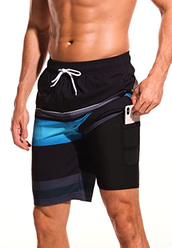 difficort Mens Swimming Trunks with Compression Liner Quick Dry Board Shorts Swimsuit with Zipper Pockets,Black+Blue,X-Large