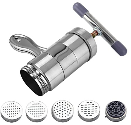 Buachois Macchina per La Pasta,13,7 X 6 cm Macchina per La Pasta a Mano Inossidabile con 5 Stampi, Strumenti per La Produzione di Spaghetti per Lasagne, Tagliatelle e Tagliolini in Acciaio