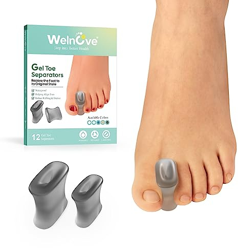 Welnove 12-Pack Gel Toe Separators – Bunion Pads – Toe Spacers for Straightening Overlapping Toes for Men and Women - Transparent Black