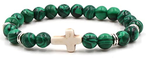 Stfery Frauen Armband Liebe, Armband Grün Perlen Malachit 8mm Kreuzen 19cm Metalllegierung Kristall Chakra Herren Damen Modeschmuck