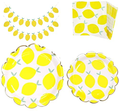 MaitianGuyou Ensemble de vaisselle jetable pour fête d'anniversaire comprenant assiettes, serviettes et bannière – 20 invités (citron)