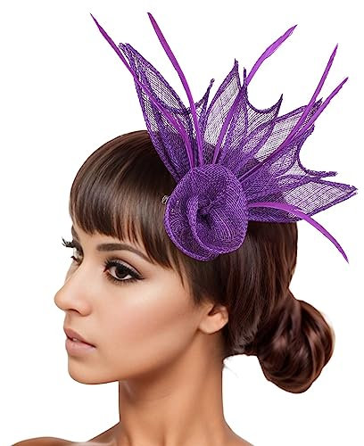 Fascinator Damen Kopfschmuck Hochzeit Hüte Hat Clip Schleier Stirnband Tea Party Mesh Kopfbedeckung Blumen Mesh Federn Clip Haarschmuck für Cocktail Halloween Oktoberfest Gothic Lila