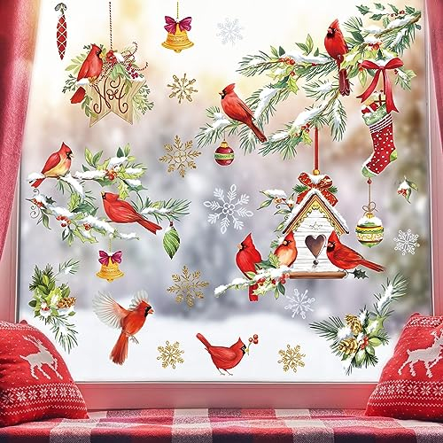 wondever Fenstersticker Weihnachten Winter Vögel Fenster Aufkleber Rote Vögel auf Baum AST Fensterbilder Fensteraufkleber Anti-Kollision Doppelseitig Glasaufkleber Weihnachten Deko