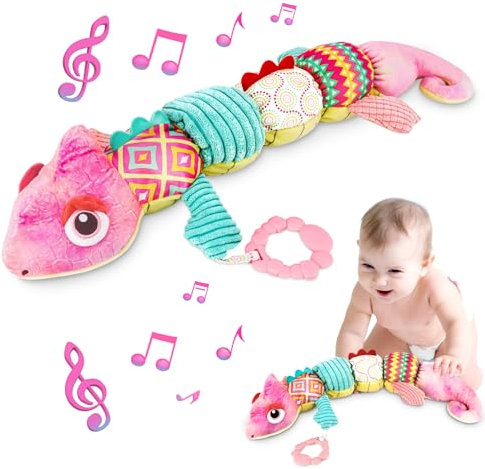 MOMSIV Bébé Jouet en Peluche, Dinosaure Musical Doudou Jouet en Peluche avec Règle, Griffon pour Bébé, Mignon Jouet en Peluche Cadeau pour Garçons et Filles, Rose