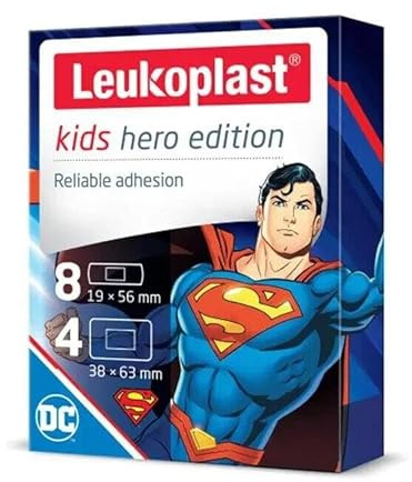 Leukoplast Kids Plasters Superman Hero Edition - Child-Friendly, Latex-Free, Water-Resistant - Fun Superhero Healing Adventure - Durable & Reliable for Active Play - Assorted Pack of 12 (X1 Pack)