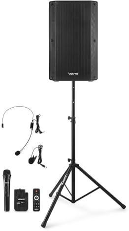 VONYX VSA700BP 15-Inch Portable PA System, Wireless Mics, Stand, Bluetooth | Handheld & headset UHF mics, 8-hour battery, adjustable stand, USB/SD MP3 Media Player, Tripod, Bodypack