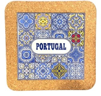 Carreaux de Céramique Ethnique Azulejo Portugais - Sous-Verres en Liège - Souvenir & Cadeau Parfait du Portugal (20 cm - 7,8 pouces) (Bleu)