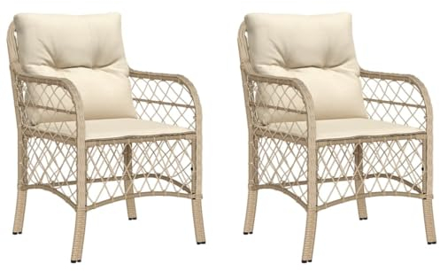 vidaXL Gartenstuhl mit Kissen 2 STK., Sessel für den Außenbereich, Gartensessel mit pulverbeschichtetem Stahlrahmen, Terrassensessel Outdoor Stuhl, Beige Poly Rattan
